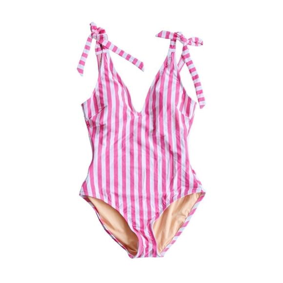 J crew One Piece Swimsuit Wild Berry Pink Striped Tie Shoulder sz M NWT - Picture 5 of 12